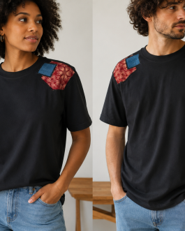 T-shirt unisexe noir – Épaules wax & denim – Taille S Oversize
