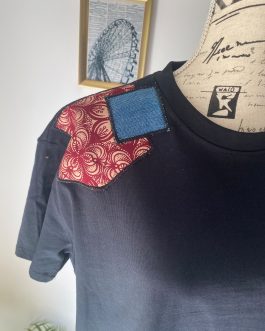 T-shirt unisexe noir – Épaules wax & denim – Taille S Oversize