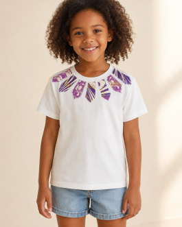 T-shirt blanc enfant – Wax violet & doré – taille 6 ans