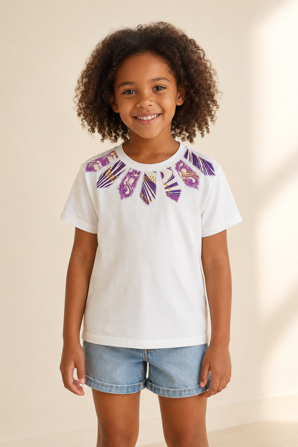 T-shirt blanc enfant – Wax violet & doré - taille 6 ans