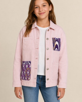 Veste en jean rose customisée en wax – Taille 12 ans