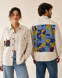 Veste en jean beige customisée wax & denim – Taille L