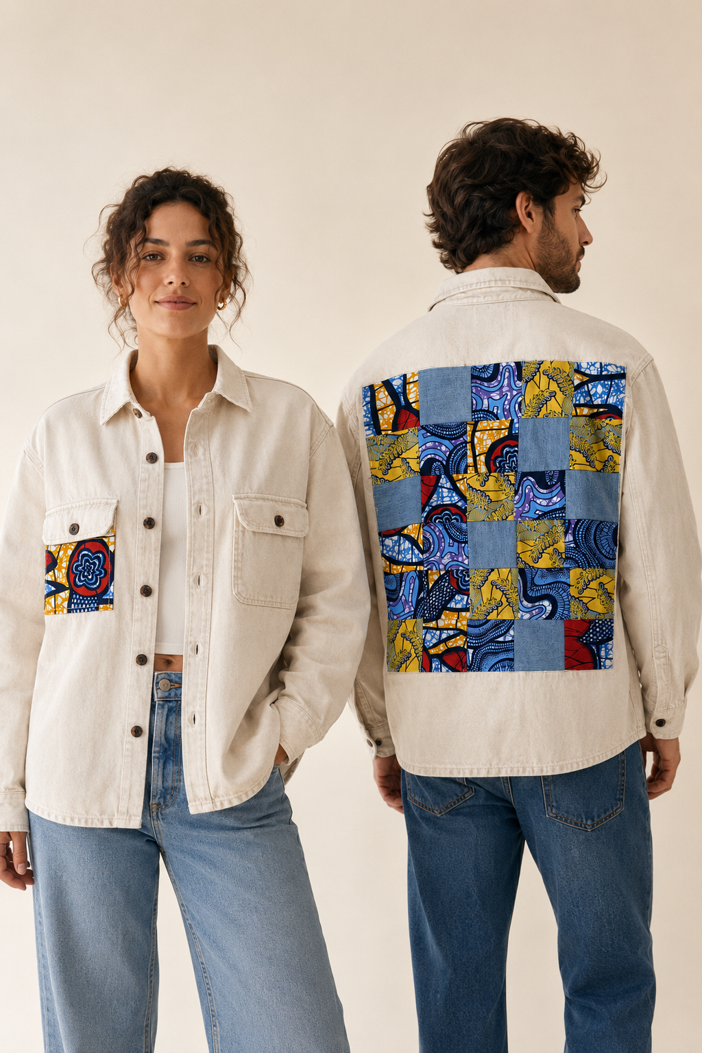 Veste en jean beige customisée wax & denim – Taille L