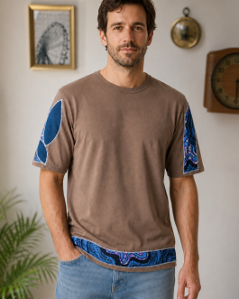 T-shirt taupe customisé wax & jean – Taille M