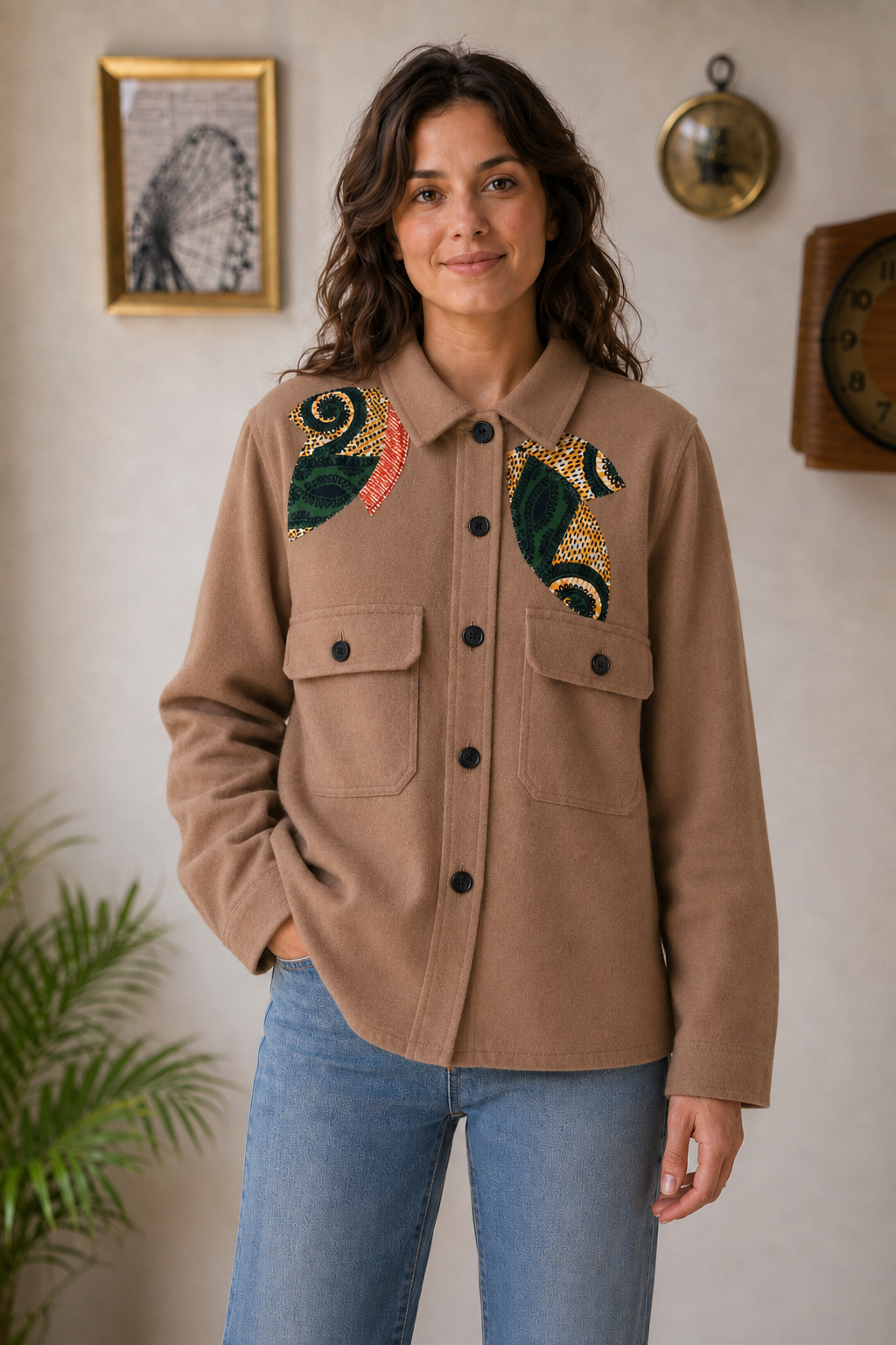 Veste beige à l’aspect feutré customisée en wax – Taille M – Image 5