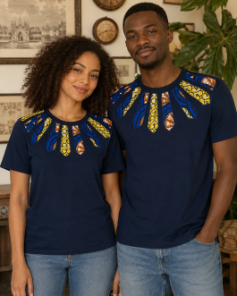 T-shirt bleu marine customisé en wax – Taille S