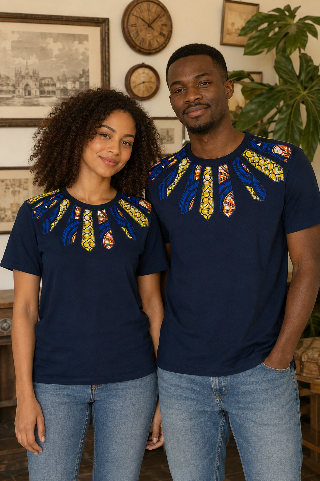 T-shirt bleu marine customisé en wax – Taille S