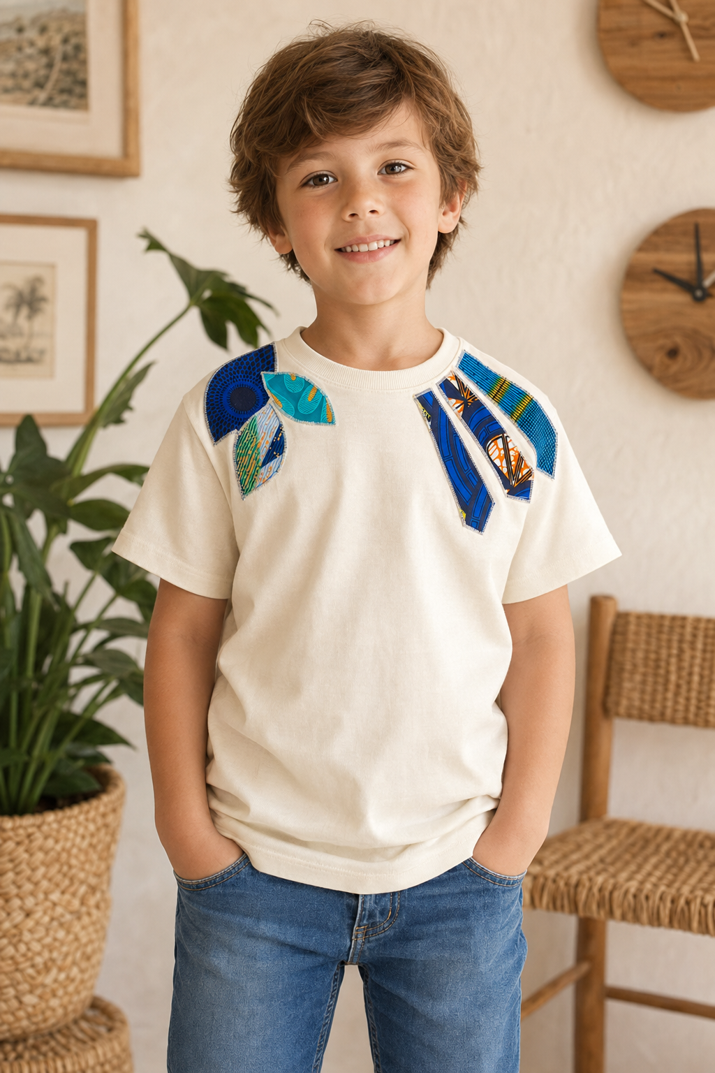 T-shirt écru customisé en wax – Taille 6 ans