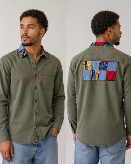 Chemise en jean kaki customisée wax & denim – Taille L