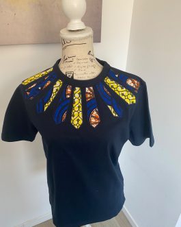 T-shirt bleu marine customisé en wax – Taille S