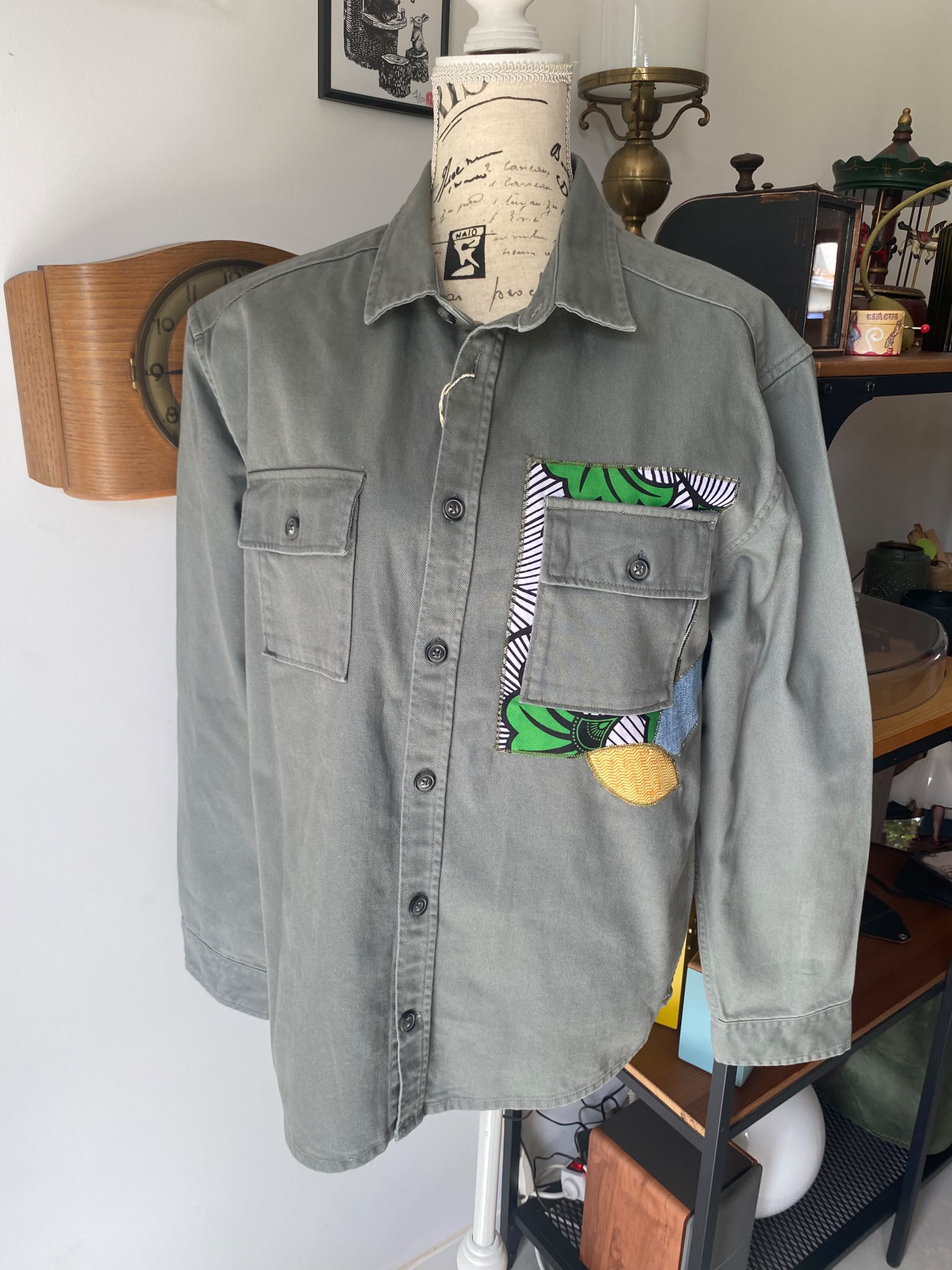 Surchemise kaki customisée wax & jean – Taille L – Image 3