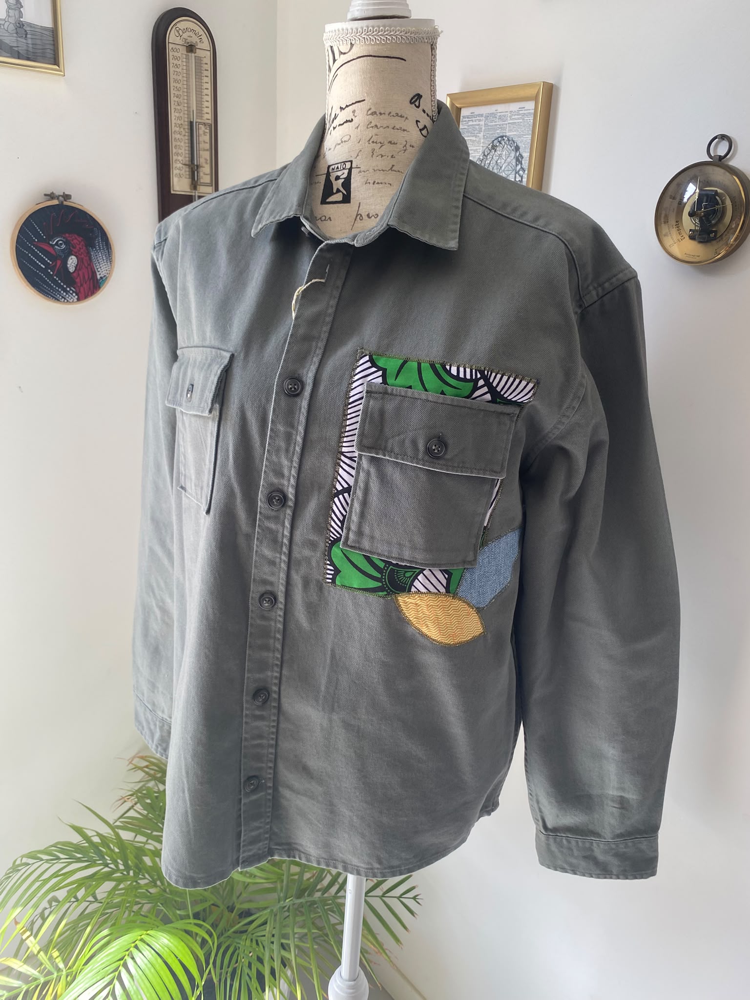Surchemise kaki customisée wax & jean – Taille L – Image 4