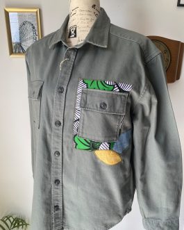 Surchemise kaki customisée wax & jean – Taille L