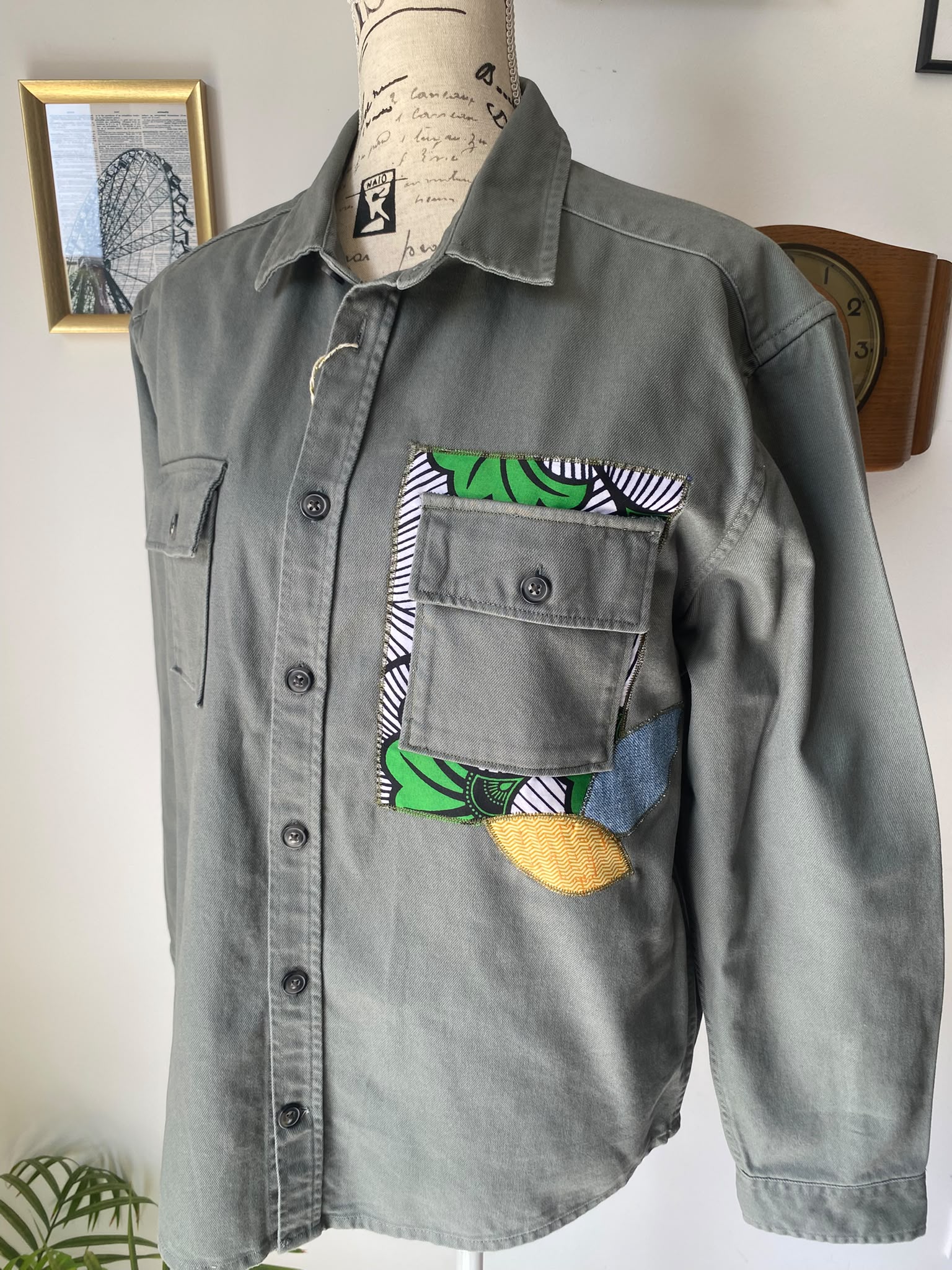 Surchemise kaki customisée wax & jean – Taille L – Image 2