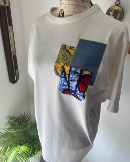 T-shirt blanc customisé wax & jean – Taille XL