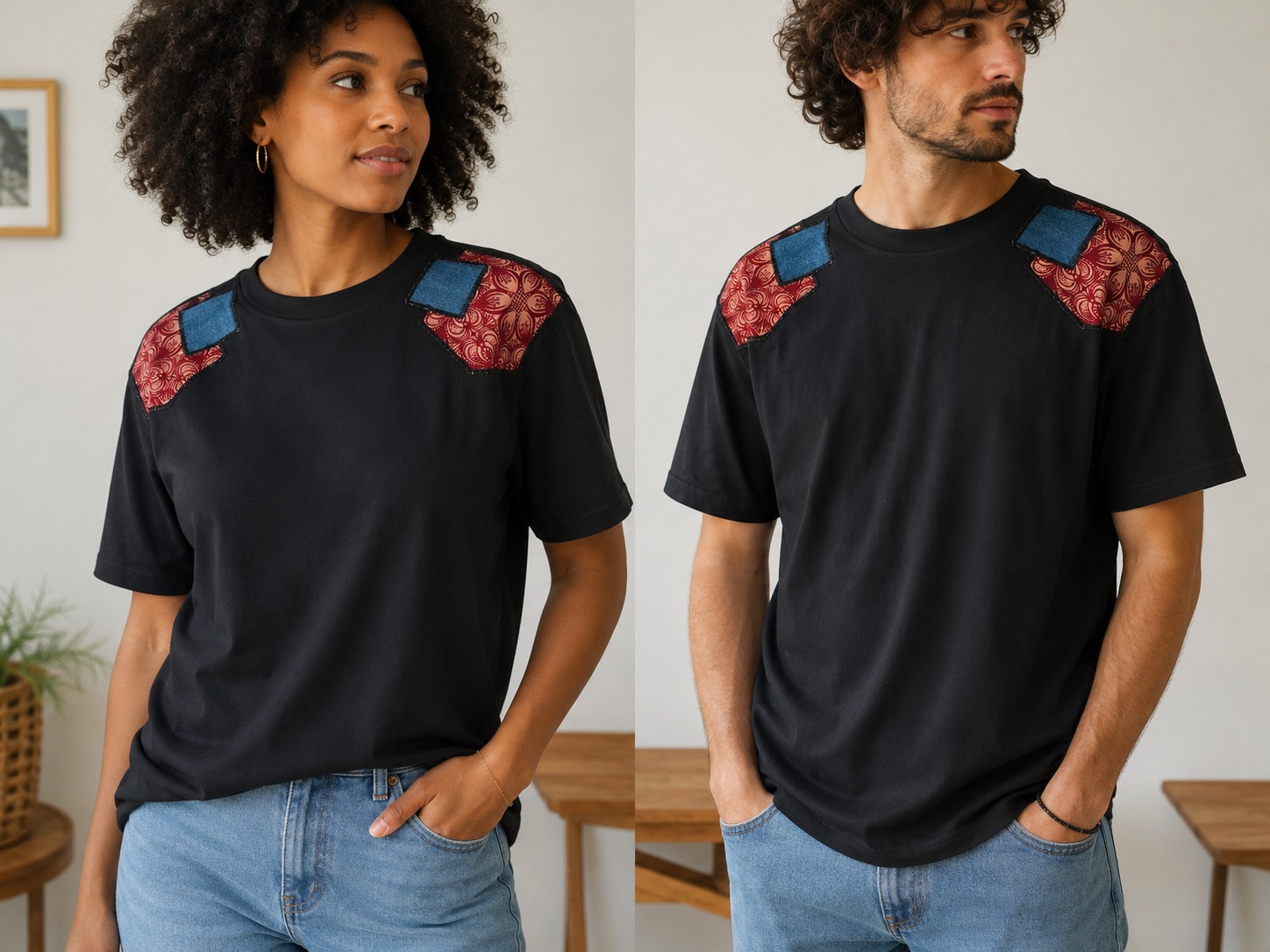 T-shirt noir oversize customisé wax & jean – Taille S