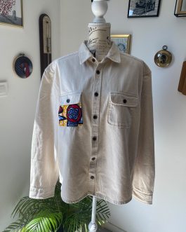Veste en jean beige customisée wax & denim – Taille L